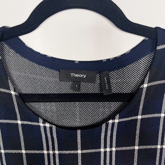 Theory Large Navy Blue Black Branteen JP Lustrate Knit Plaid Dress Short Sleeve - Picture 6 of 9